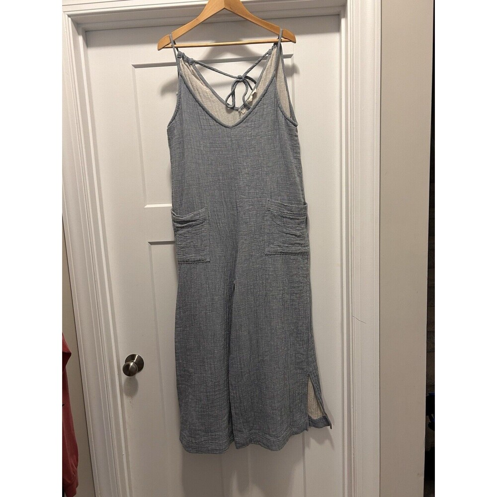 Women's Size Medium Spaghetti Strap Cropped Cotton Wide-Leg Jumpsuit Pockets